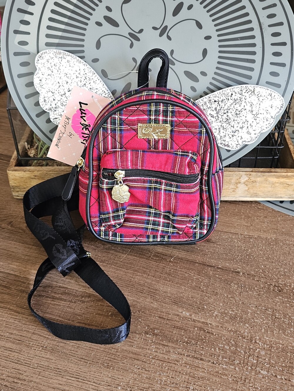 Luv Betsy Johnson Jesse Red Plaid Mini Winged Backpack Bag Purse Glitter Nwt
